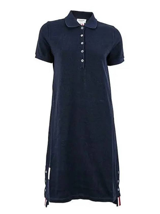 Classic Cotton Pique Center Back Stripe A-Line Short Sleeve Polo Short Dress Navy - THOM BROWNE - BALAAN 2