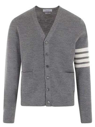 4-Bar Striped Waffle High V-Neck Cardigan Light Grey - THOM BROWNE - BALAAN 2