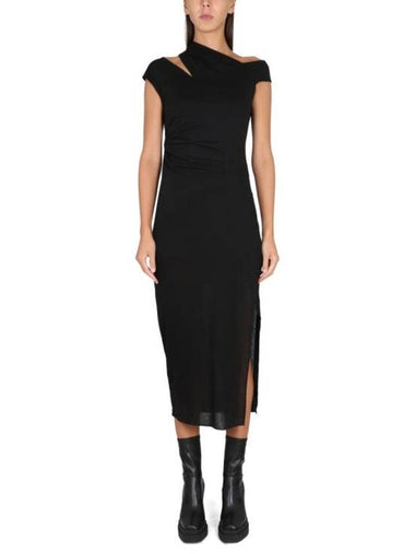 Ribbed Asymmetric Knee Length Long Dress Black - HELMUT LANG - BALAAN 1