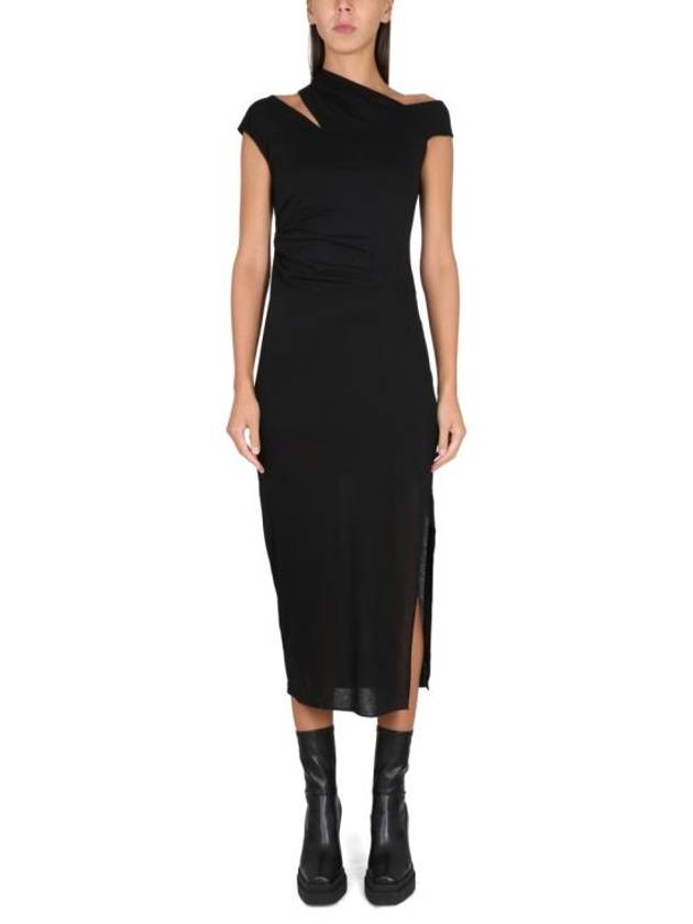 Ribbed Asymmetric Knee Length Long Dress Black - HELMUT LANG - BALAAN 2