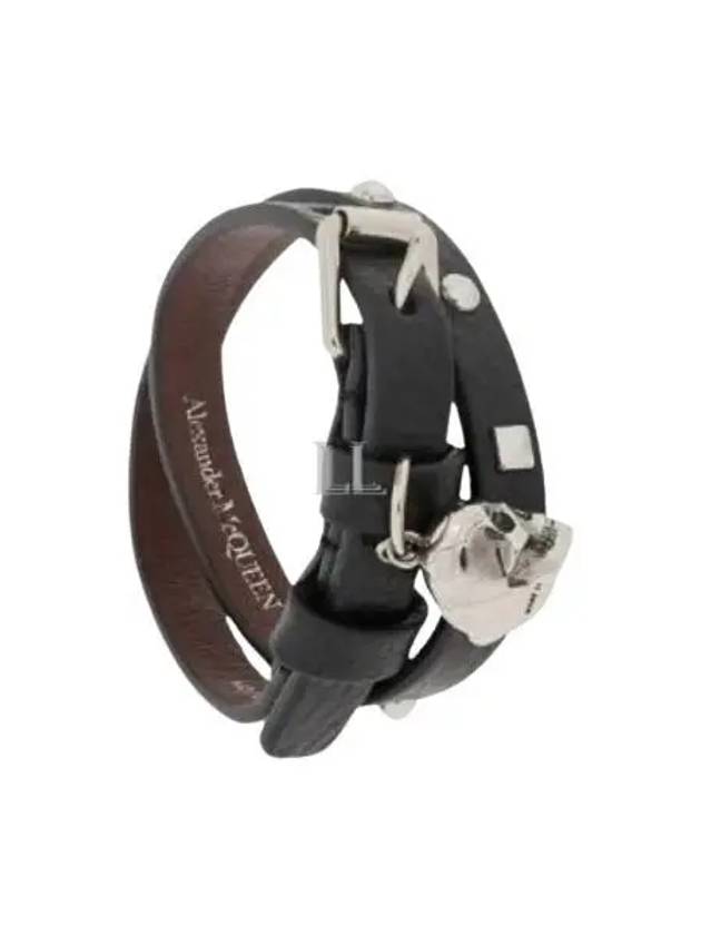 Men's Silver Skull Stud Double Leather Bracelet Black - ALEXANDER MCQUEEN - BALAAN 2