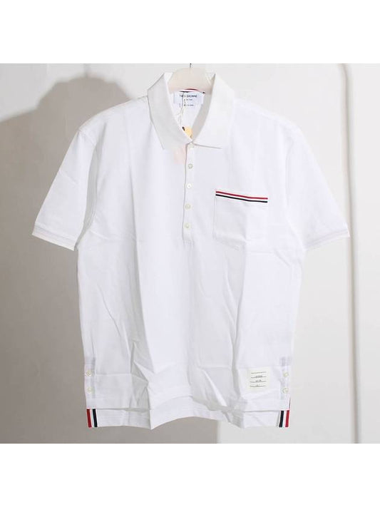 Men's Three Stripes Pocket Mercerized Short Sleeve Polo Shirt White - THOM BROWNE - BALAAN 2