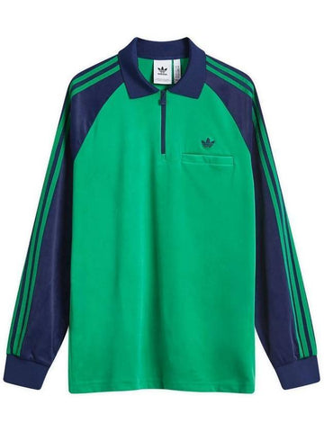 Original 70s Velour Quarter Zipper Long Sleeve Polo Shirt Green - ADIDAS - BALAAN 1