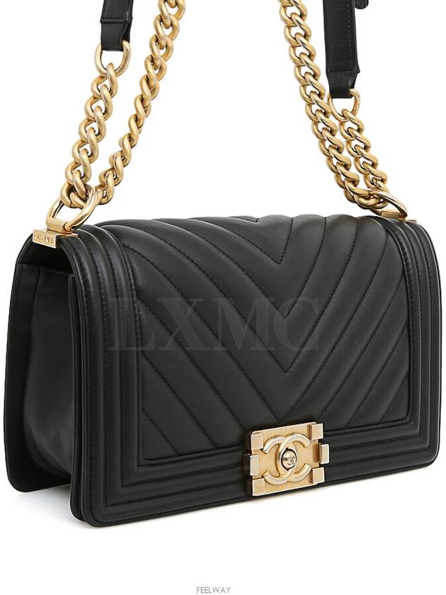 Classic Boy Bag Chevron Black Gold Chain Shoulder Flap - CHANEL - BALAAN 4