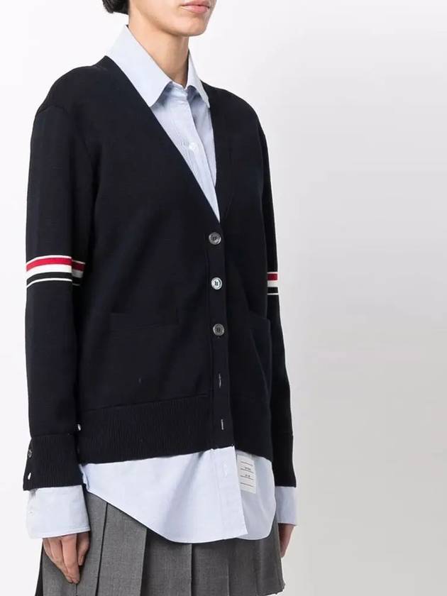 Women's Cotton Pointelle Cable Knit Short Sleeve Cardigan Navy - THOM BROWNE - BALAAN 4