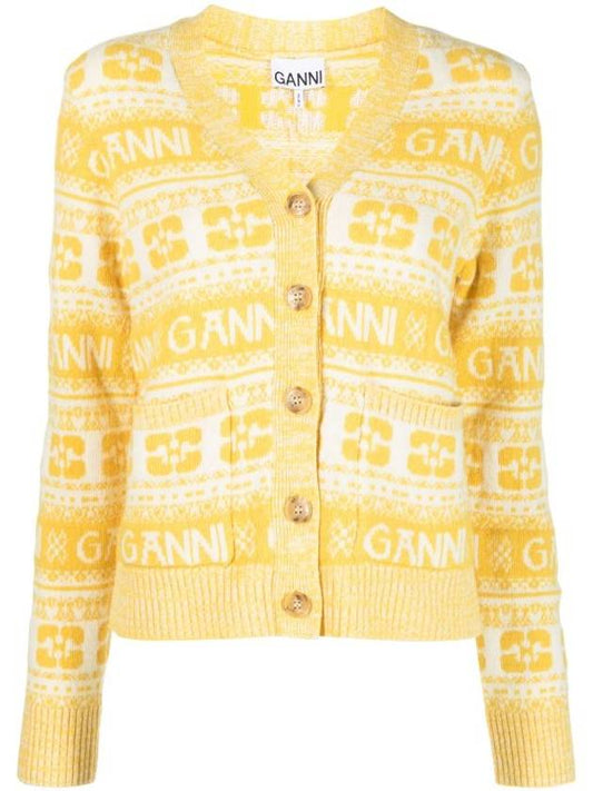 Intarsia Logo Wool V-Neck Cardigan Yellow - GANNI - BALAAN 1