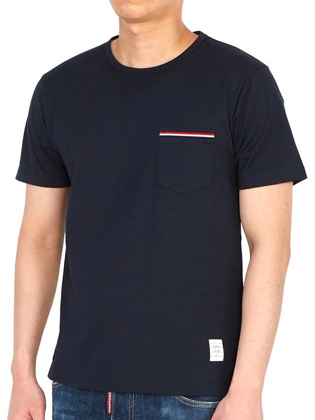 Men's Medium Weight Jersey Tipped Pocket Crewneck Short Short Sleeve T-Shirt Navy - THOM BROWNE - BALAAN 5