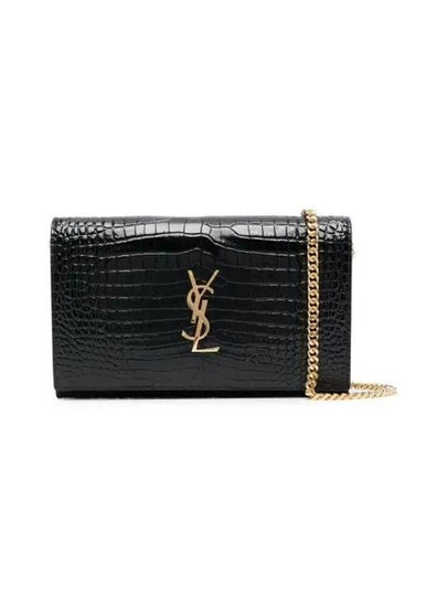 Cassandre Chain Crocodile Embossing Leather Long Wallet Black - SAINT LAURENT - BALAAN 2