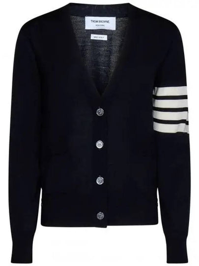 Sustainable Fine Merino Wool 4-Bar Relaxed Fit V-Neck Cardigan Navy - THOM BROWNE - BALAAN 2