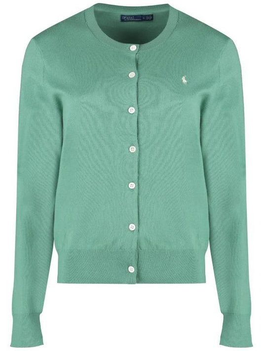 Women's Embroidered Logo Round Neck Cardigan Powder Green - POLO RALPH LAUREN - BALAAN 1