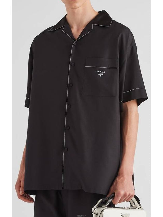 Logo Stitch Detail Silk Short Sleeve Shirt Black - PRADA - BALAAN 2