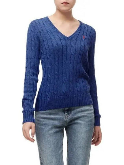 W cable knit V neck sweater blue - POLO RALPH LAUREN - BALAAN 2