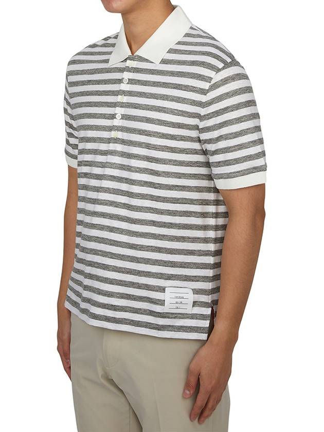 Striped Linen Polo Shirt Grey White - THOM BROWNE - BALAAN 3