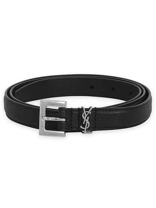 Men's Monogram Silver Buckle Leather Belt Black - SAINT LAURENT - BALAAN 3