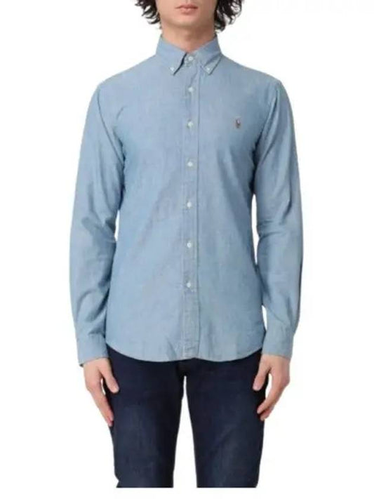 Men's Embroidered Logo Custom Fit Chambray Long Sleeve Shirt Blue - POLO RALPH LAUREN - BALAAN 2