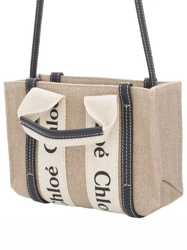 Woody Linen Canvas Calfskin Tote Bag White Navy - CHLOE - BALAAN 4