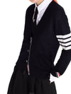 Sustainable Fine Merino Wool 4-Bar Relaxed Fit V-Neck Cardigan Navy - THOM BROWNE - BALAAN 4