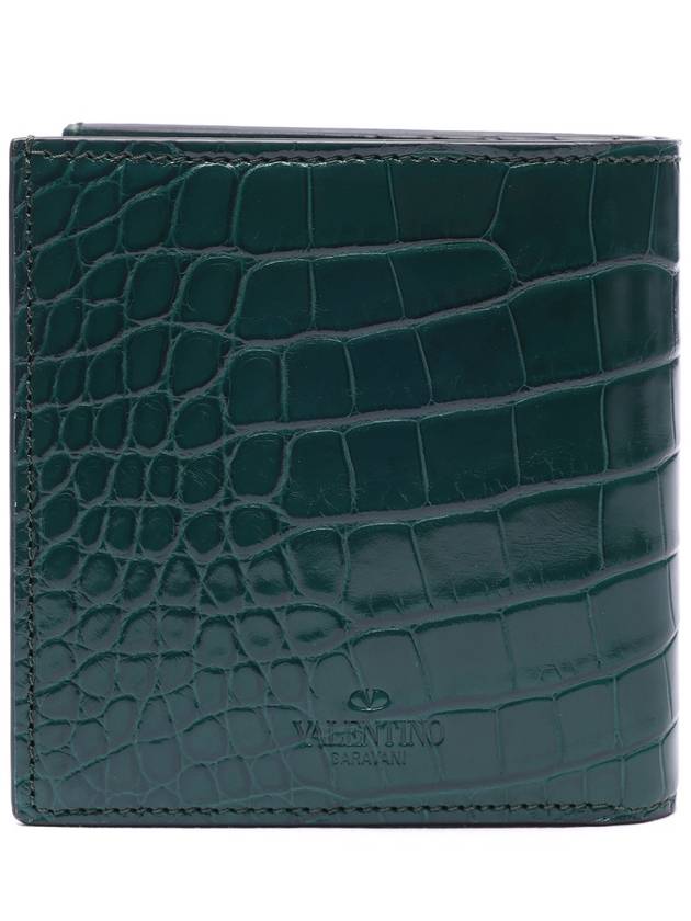 V Logo Crocker Effect Half Wallet Green - VALENTINO - BALAAN 5