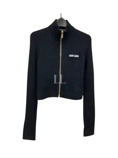 Logo Patch Rib High Neck Zip-Up Wool Cardigan Black - MIU MIU - BALAAN 2