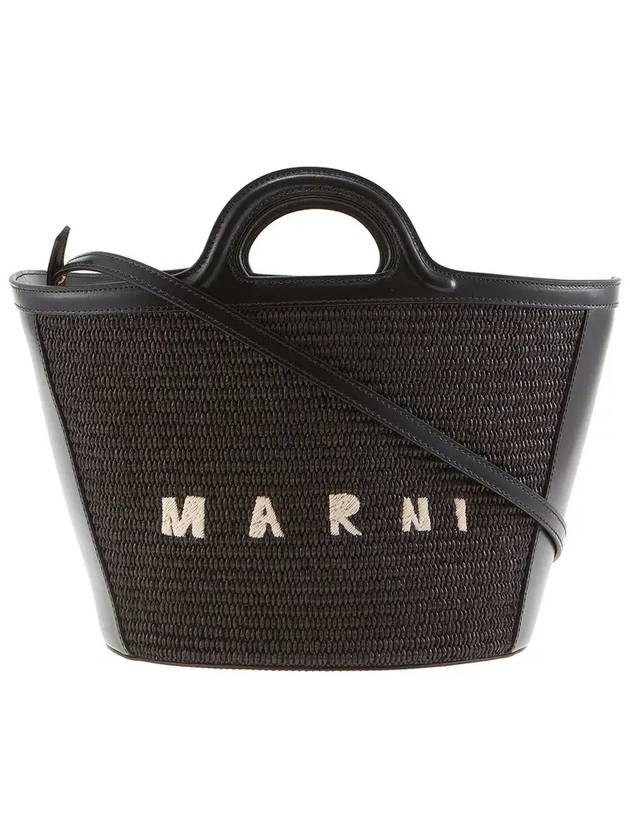 Leather Raffia Tropicalia Tote Bag Black - MARNI - BALAAN 4