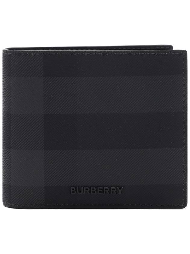 Check And Leather Half Wallet Charcoal - BURBERRY - BALAAN 3