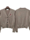 Red Heart Logo Merino Wool Cardigan Beige - AMI - BALAAN 2