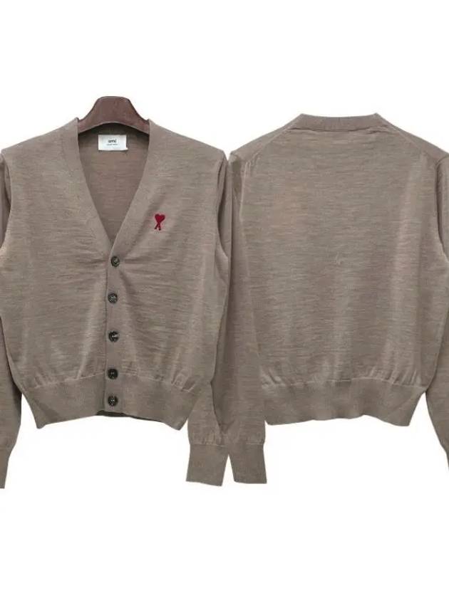 Red Heart Logo Merino Wool Cardigan Beige - AMI - BALAAN 2