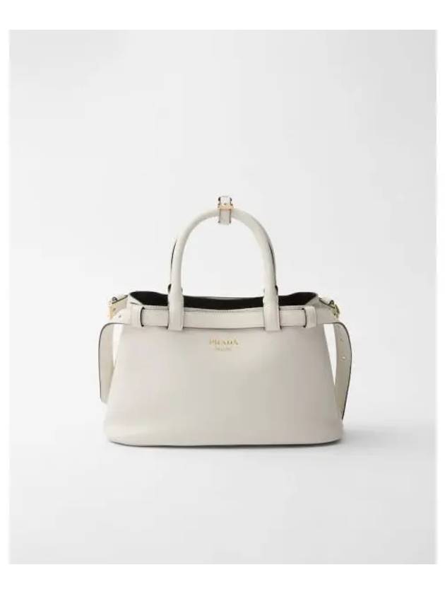 Double Belt Buckle Large Leather Handles Tote Bag White Black - PRADA - BALAAN 2