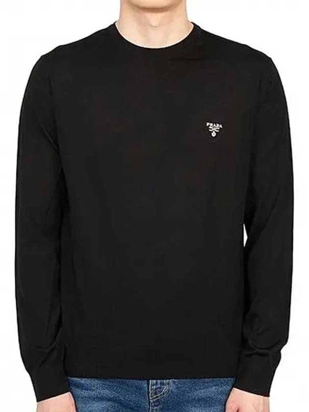 Men's Embroidered Logo Crew Neck Wool Knit Sweater Black - PRADA - BALAAN 3