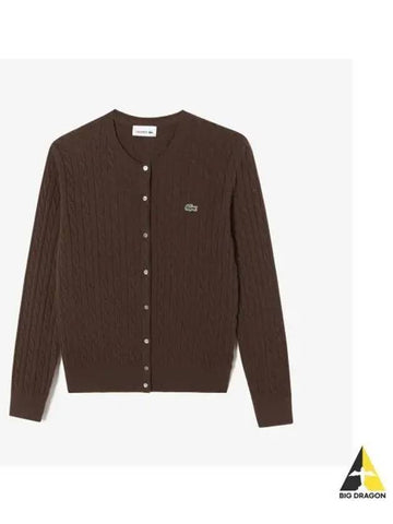 Women s Cable Crew Neck Cardigan Brown - LACOSTE - BALAAN 1