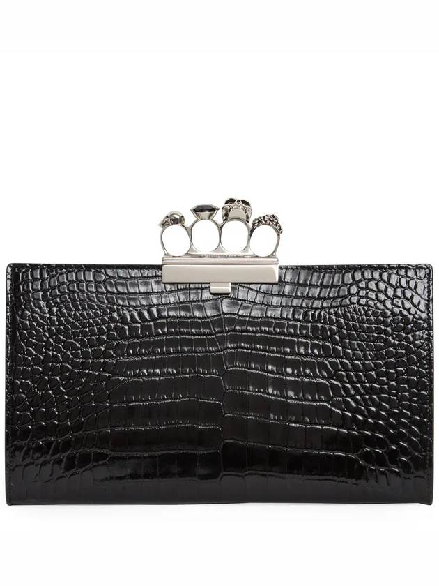 Silver Skull Four Ring Crocodile Leather Clutch Bag Black - ALEXANDER MCQUEEN - BALAAN 2