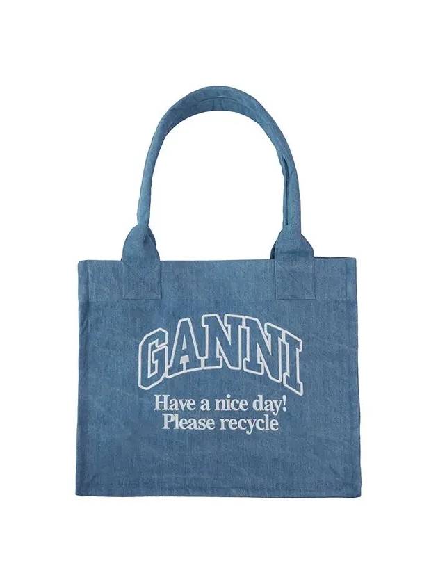 Embroidered Logo Large Denim Tote Bag Blue - GANNI - BALAAN 3