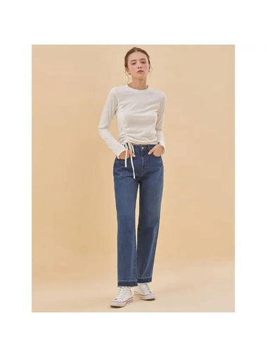 RYUL+WAI: High Waist Straight Blocking Denim Pants Indigo - RYUL+WAI: - BALAAN 1