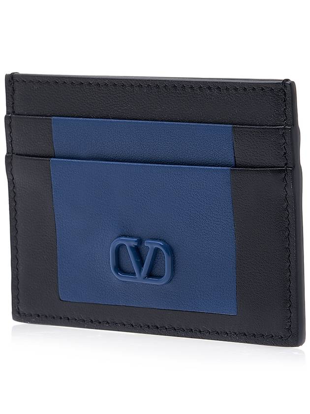 V Logo Leather Card Wallet Navy - VALENTINO - BALAAN 3