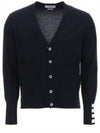 Men's Fine Merino Wool 4 Bar Cuff V-Neck Cardigan Navy - THOM BROWNE - BALAAN 2