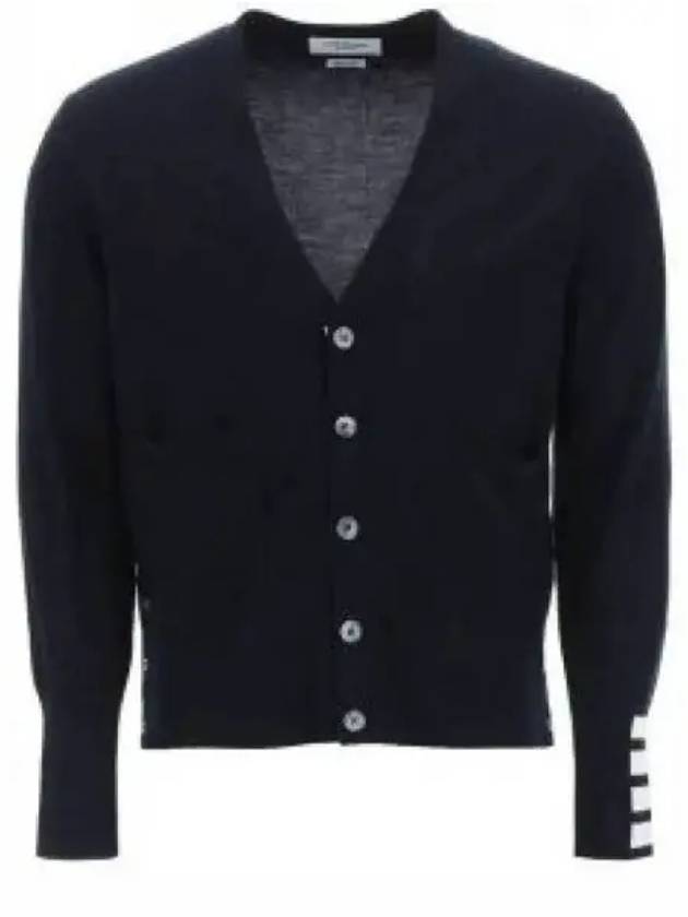 Men's Fine Merino Wool 4 Bar Cuff V-Neck Cardigan Navy - THOM BROWNE - BALAAN 2