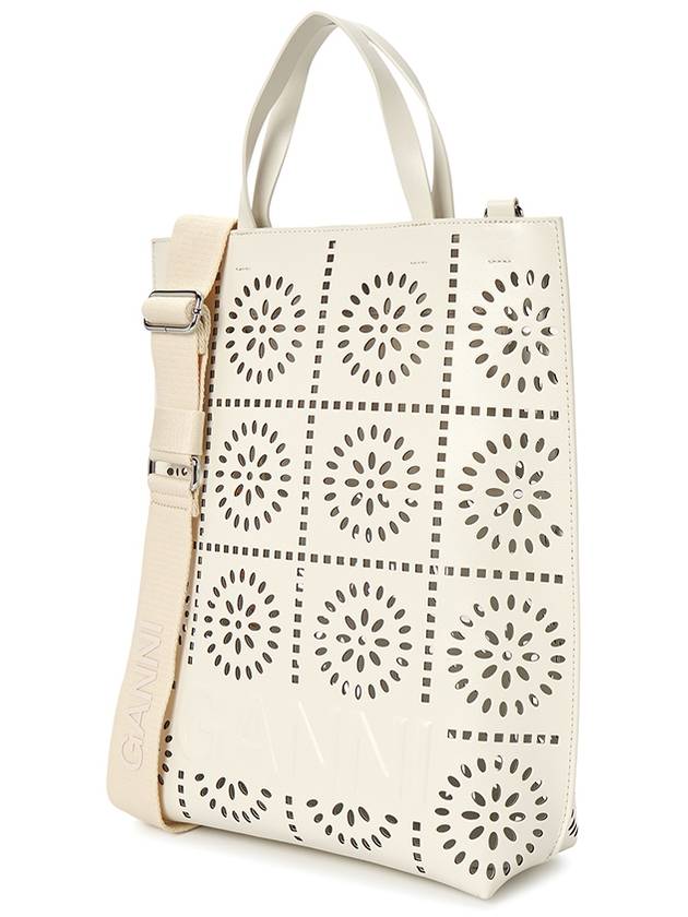 Banner Logo Perforated Medium Leather Tote Bag White - GANNI - BALAAN 3