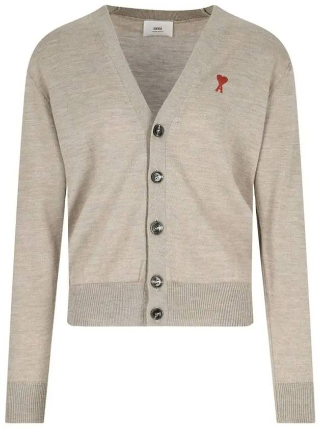 Red Heart Logo Merino Wool Cardigan Beige - AMI - BALAAN 2