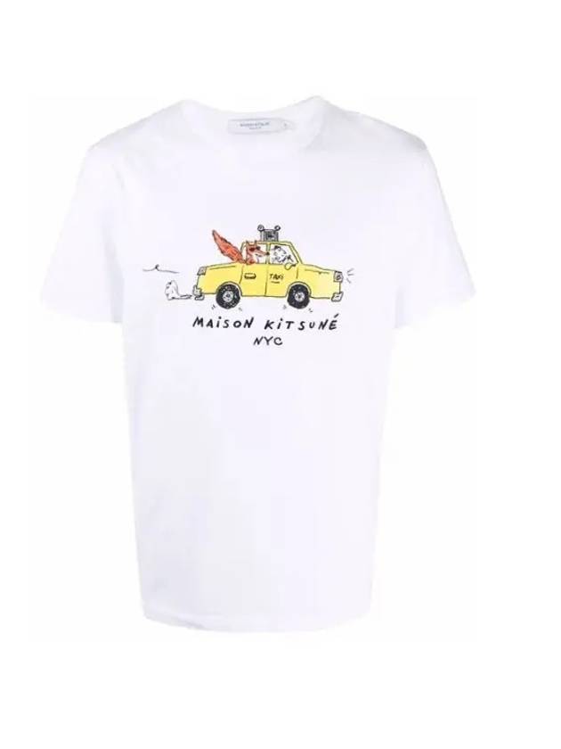 Oly Taxi Fox Print Round Cotton Short Sleeve T-Shirt White - MAISON KITSUNE - BALAAN 2