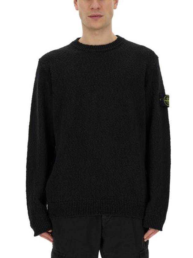 Logo Badge Knotted Crew Neck Cotton Knit Top Black - STONE ISLAND - BALAAN 1