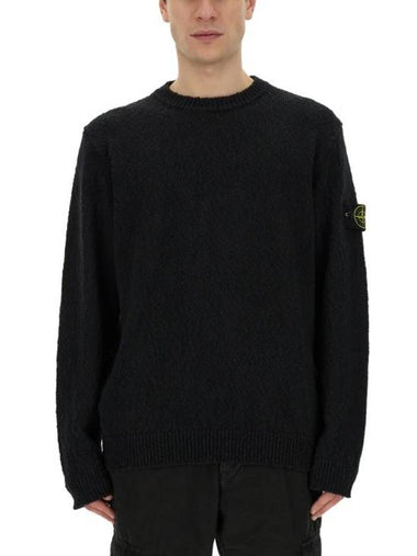 Logo Badge Knotted Crew Neck Cotton Knit Top Black - STONE ISLAND - BALAAN 1