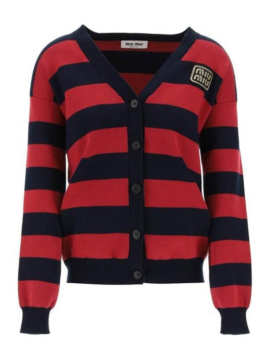 Logo Striped Cotton Knit Cardigan Blue Red - MIU MIU - BALAAN 1