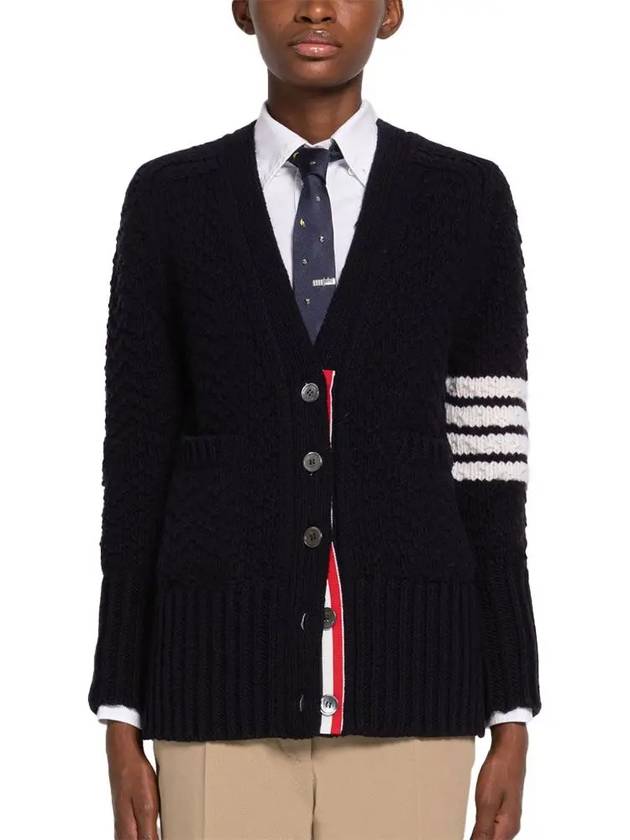 Chunky Link Merino 4 Bar VNeck Cardigan Navy - THOM BROWNE - BALAAN 3