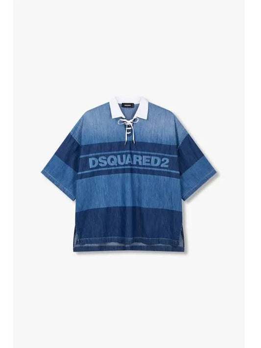 Men s Lace Neck Denim Rugby T Shirt Blue - DSQUARED2 - BALAAN 1