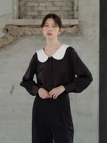 Contrast Collar Blouse Black - YOUNESS - BALAAN 1