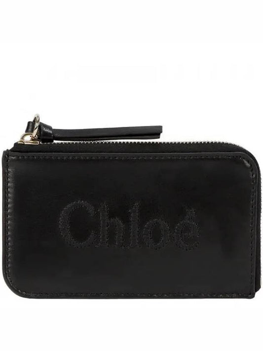 Embroidered Logo Shiny Calf Skin Zipper Coin Wallet Black - CHLOE - BALAAN 2