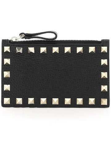 Calfskin Rockstud Zipper Card Wallet Black - VALENTINO - BALAAN.