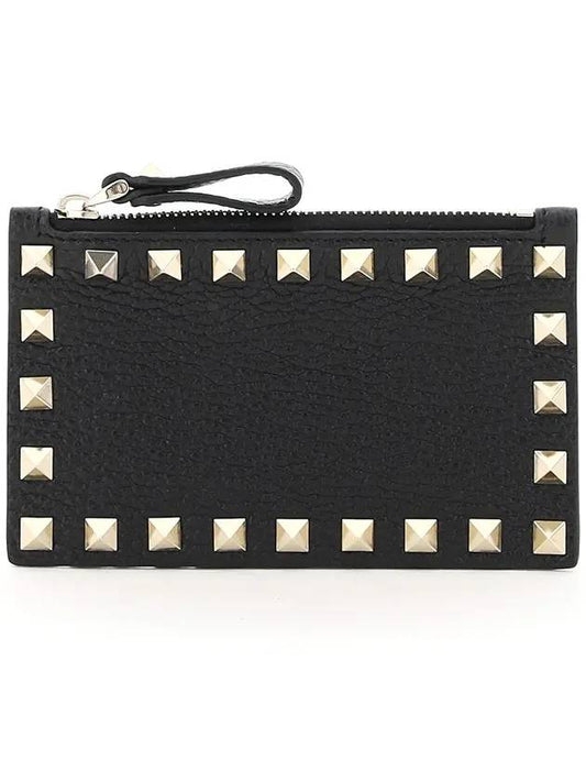 Calfskin Rockstud Zipper Card Wallet Black - VALENTINO - BALAAN.