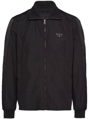 Logo Plaque Silk Blend Zip-Up Jacket Black - PRADA - BALAAN 1