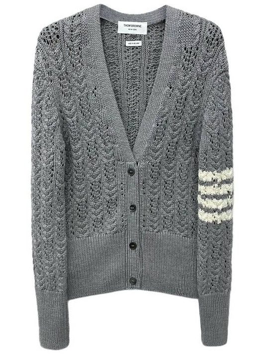 Women's Irish Pointelle Cable 4 Bar V Neck Cardigan Light Grey - THOM BROWNE - BALAAN 2